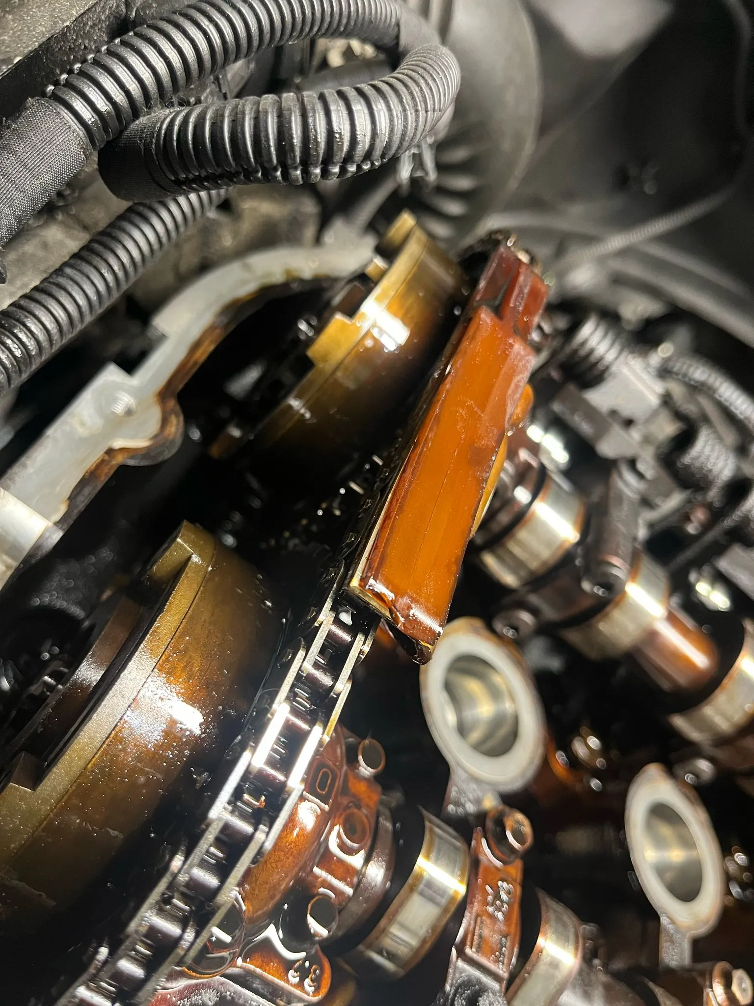 A close up view of a motor engine.